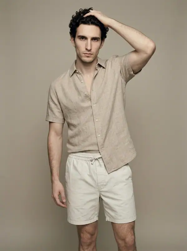 oat linen short-sleeve shirt + dock shorts worn by an AI male model, studio shoot
