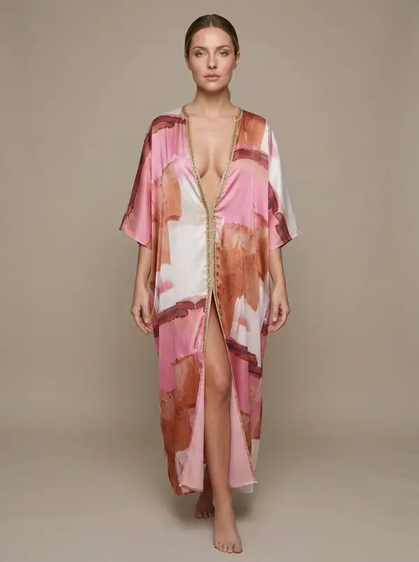 sabina satin kaftan dress, pink and rust abstract print worn by an AI model, studio shoot