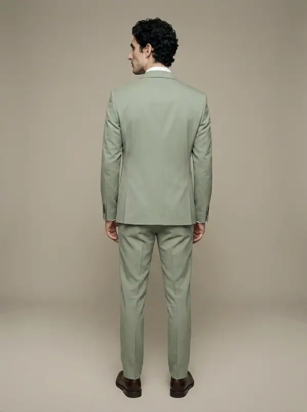 sage green three-piece suit worn by an AI male model, studio shoot