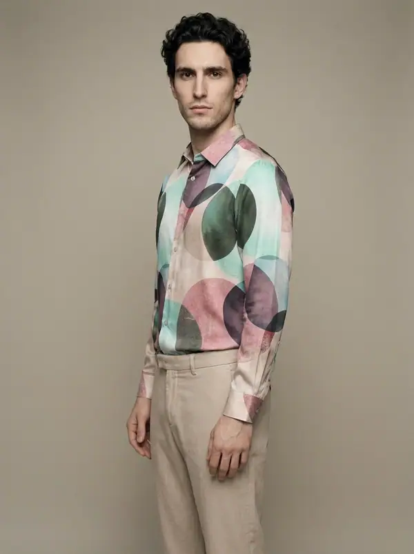 satin shirt, abstract overlapping circle print worn by an AI male model, studio shoot