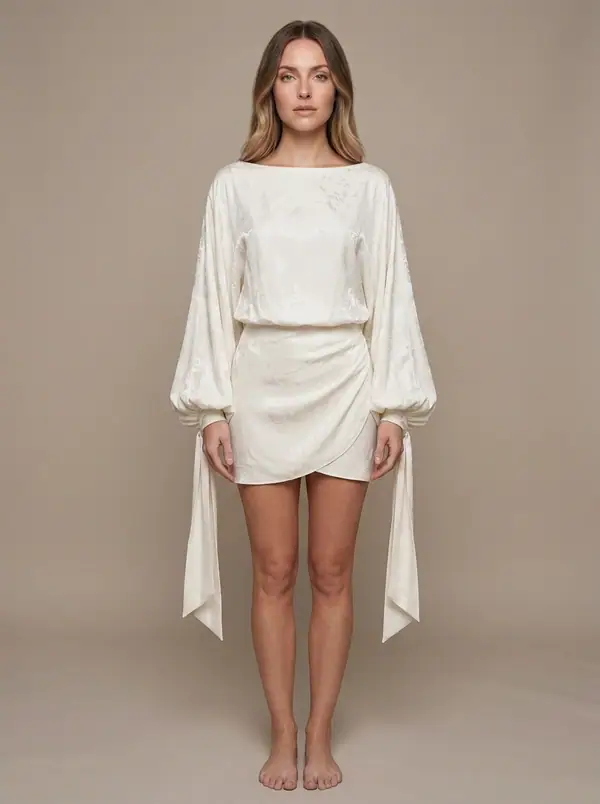sisley boat-neck blouson mini worn by an AI model, studio shoot