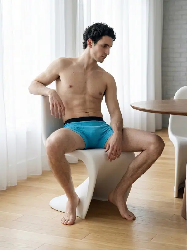 sky blue trunks, black waistband worn by an AI male model, editorial shoot