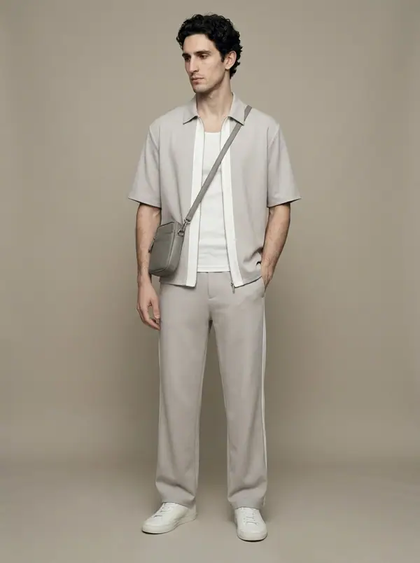stone-grey contrast-trim shirt + track trouser co-ord worn by an AI male model, studio shoot