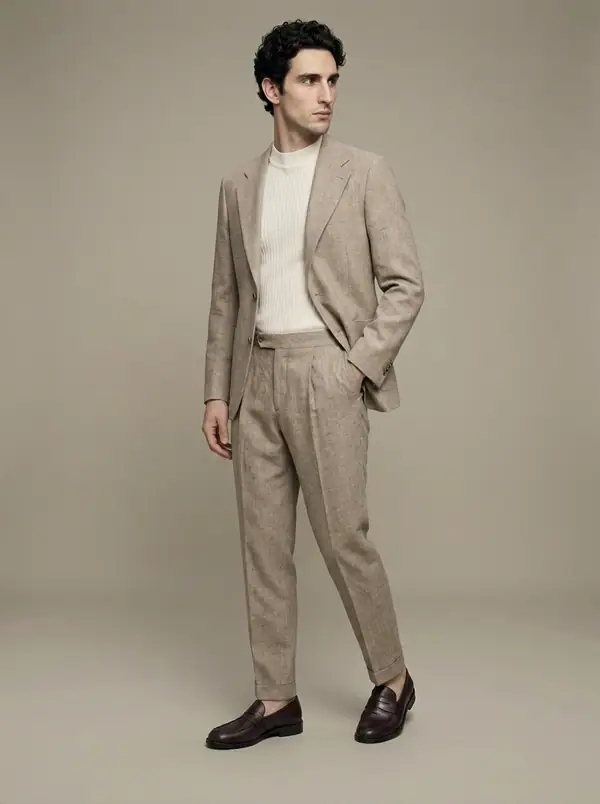 taupe melange wool suit + ribbed knit tee worn by an AI male model, studio shoot