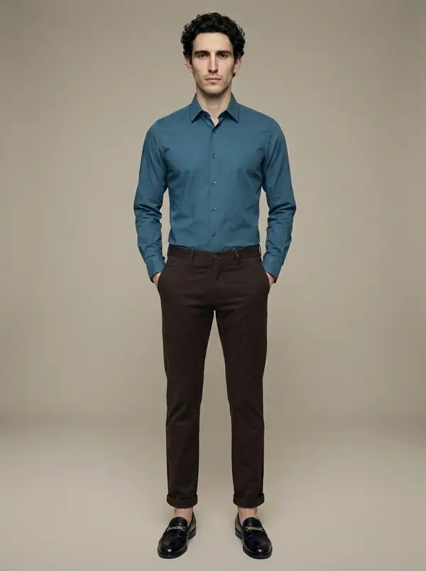 teal slim stretch dress shirt worn by an AI male model, studio shoot