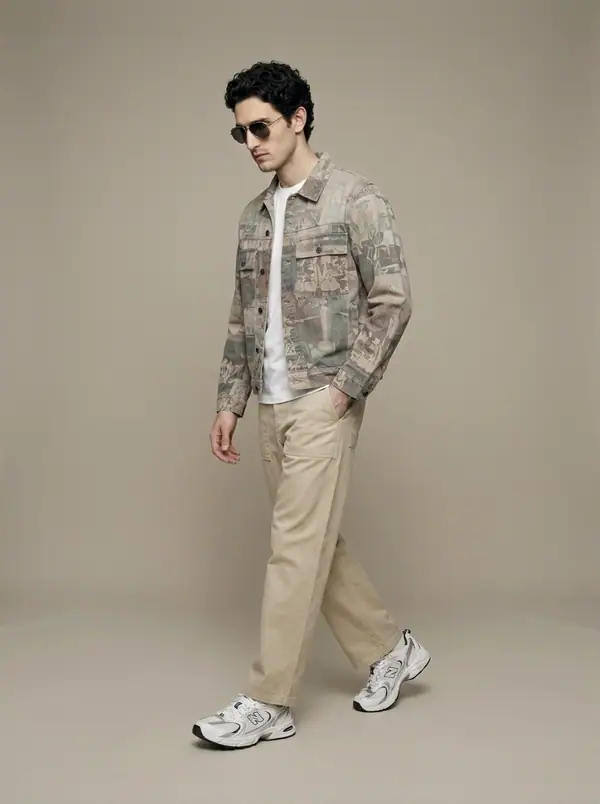 washed camo collage-print trucker worn by an AI male model, studio shoot