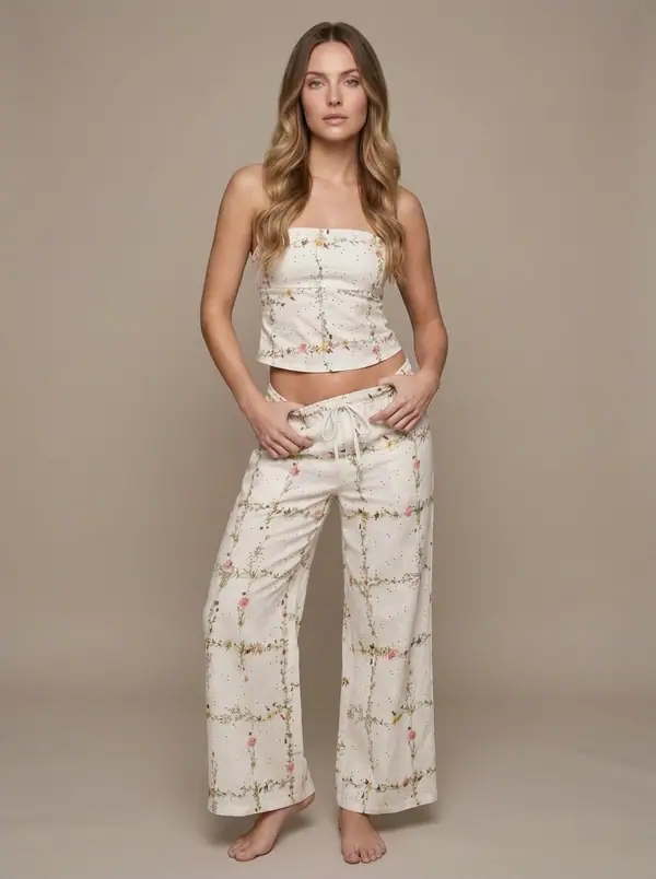 white broderie bandeau + wide-leg pants worn by an AI model, studio shoot