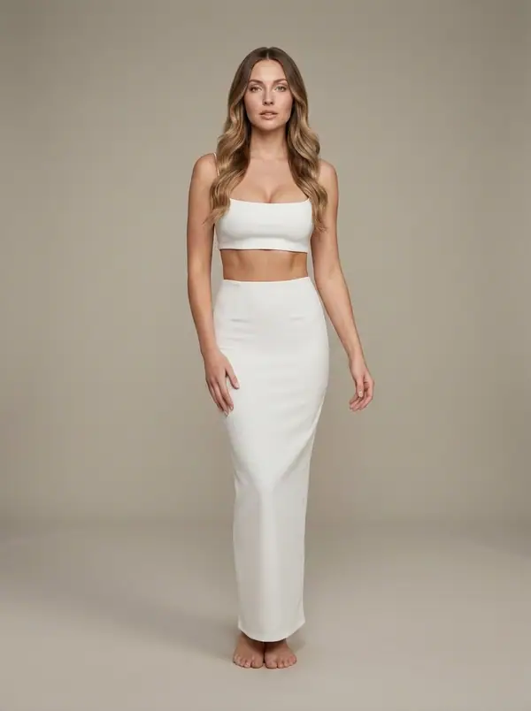 white crop top + high-waist column maxi co-ord, version x worn by an AI model, studio shoot
