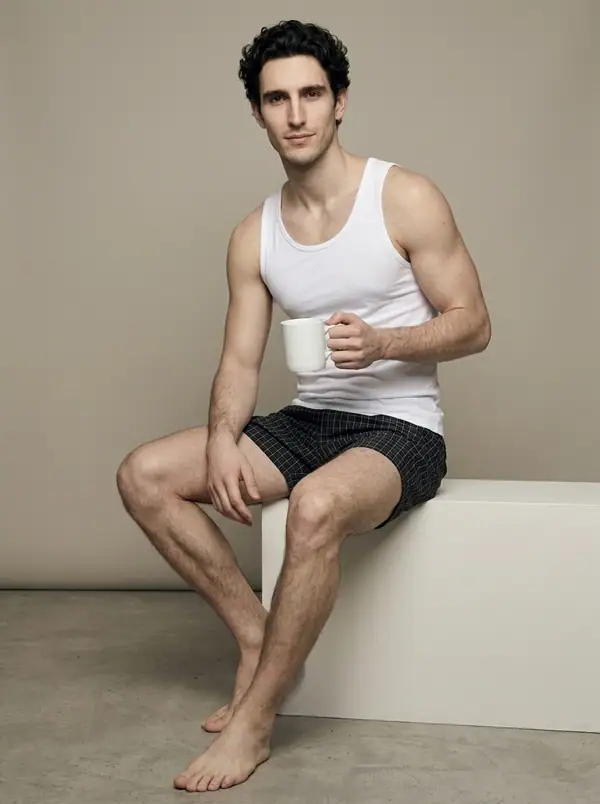 white vest + black check boxer shorts worn by an AI male model, studio shoot