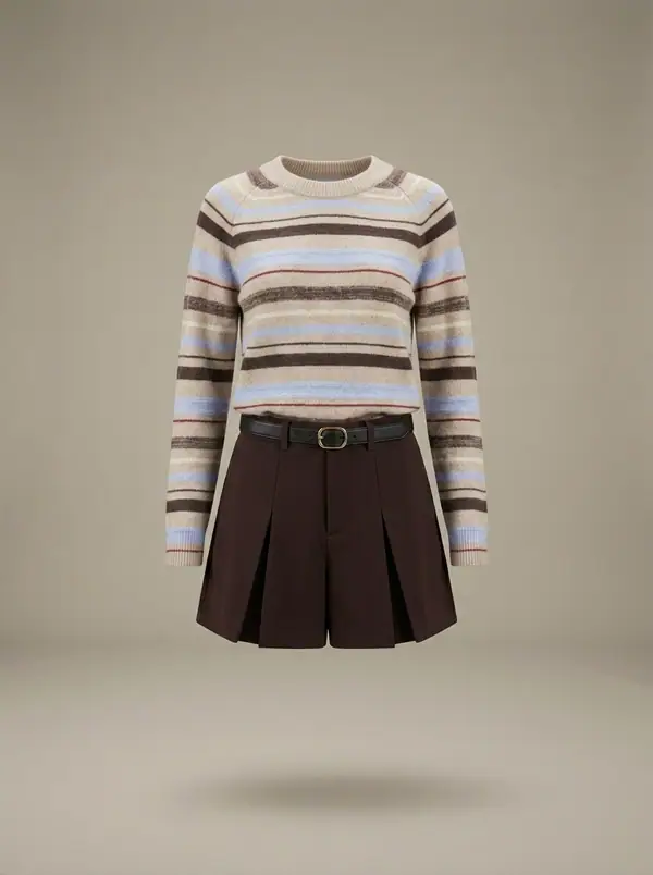 beige multi-stripe sweater + espresso skort, photographed as a product shot on a studio sweep
