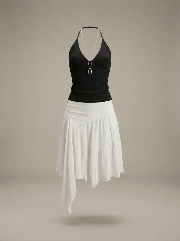 black halter tank + white tiered crinkle mini skirt, photographed as a product shot on a studio sweep