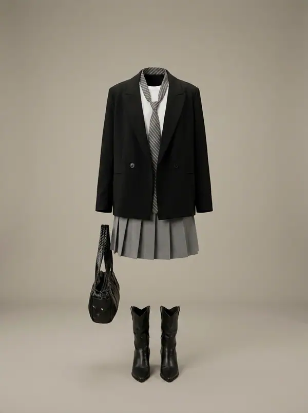 black oversized blazer + grey pleated mini schoolgirl set, photographed as a product shot on a studio sweep