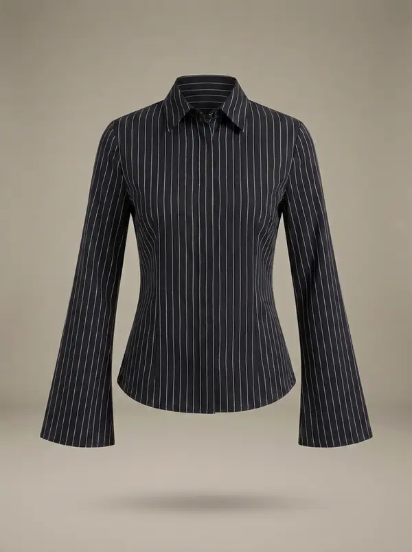 black pinstripe fitted bell-cuff shirt, photographed as a product shot on a studio sweep
