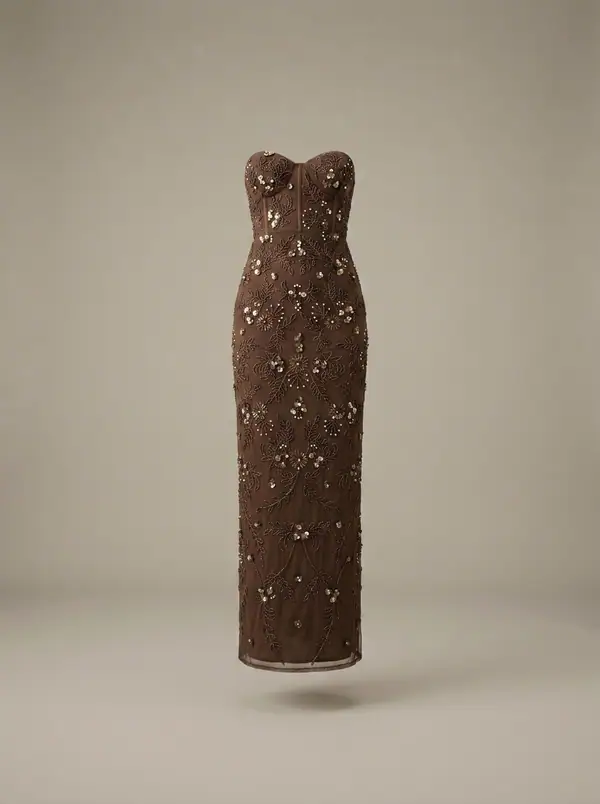 chocolate beaded corset strapless maxi, photographed as a product shot on a studio sweep