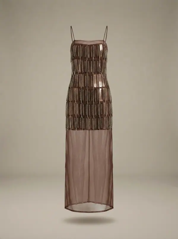 chocolate sheer organza maxi over embellished mini, photographed as a product shot on a studio sweep