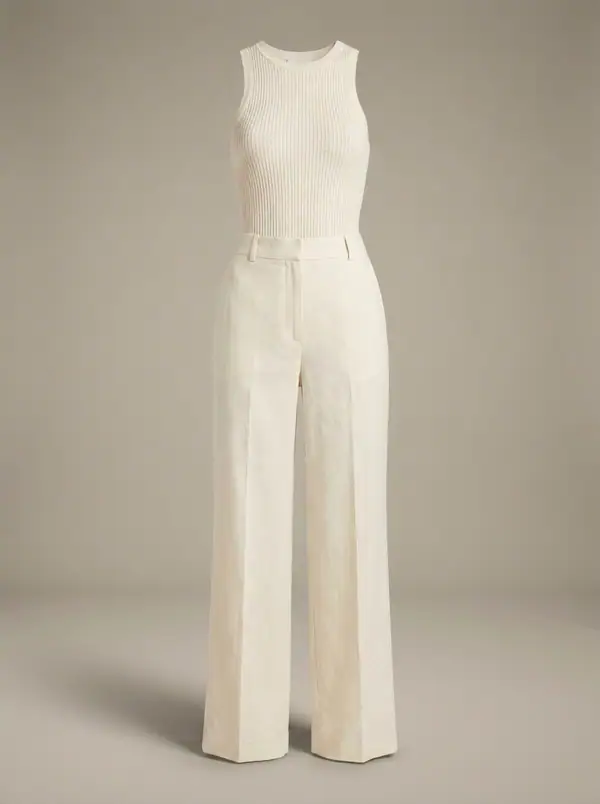 cream ribbed tank + ivory wide linen trouser set, photographed as a product shot on a studio sweep