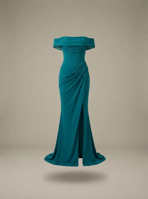 deep teal off-shoulder corset ruched slit gown, photographed as a product shot on a studio sweep