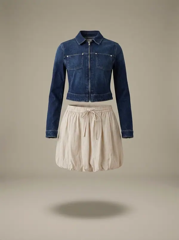denim zip jacket + cream linen bubble mini skirt, photographed as a product shot on a studio sweep