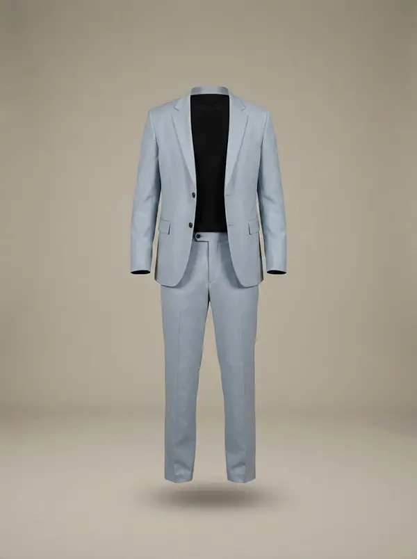 dusty powder blue suit, wine and bouquet props, photographed as a product shot on a studio sweep