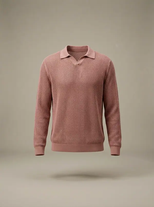 dusty rose open-mesh knit polo, photographed as a product shot on a studio sweep