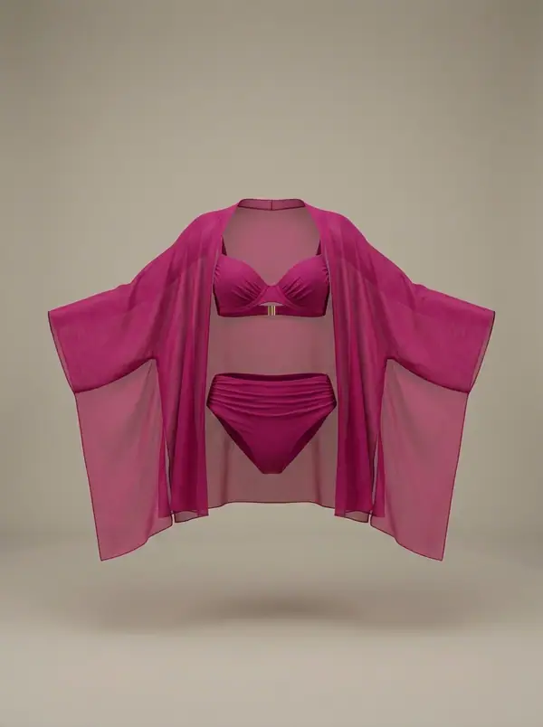 fuchsia ruched bikini + sheer pareo in the breeze, photographed as a product shot on a studio sweep