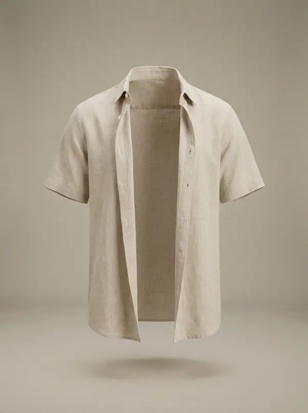 oat linen short-sleeve shirt + dock shorts, photographed as a product shot on a studio sweep