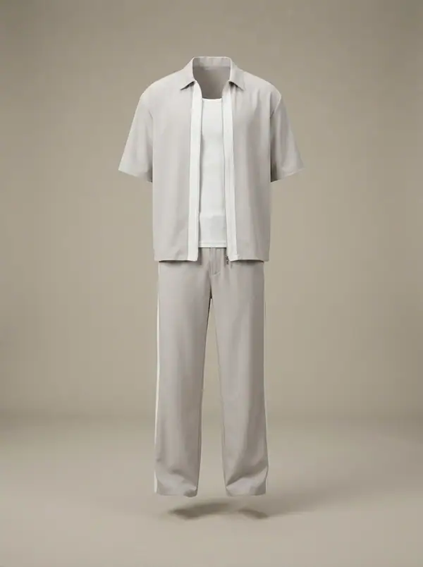 stone-grey contrast-trim shirt + track trouser co-ord, photographed as a product shot on a studio sweep