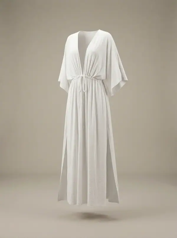 white goddess plunge kaftan maxi, photographed as a product shot on a studio sweep